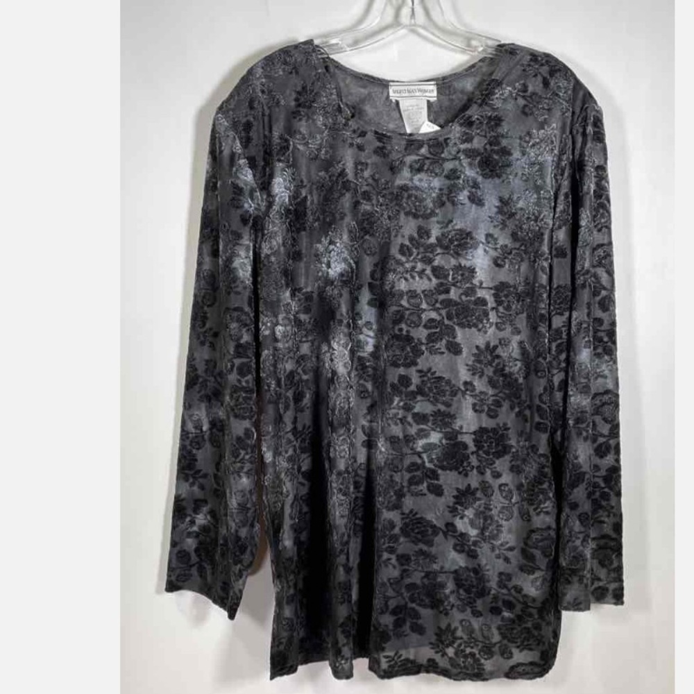 NWT August Max Black Velvet and Gray Sheer Patterned Top Size 20W